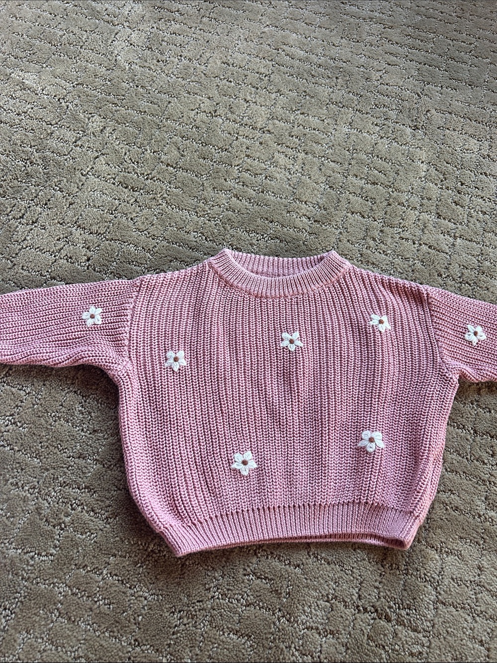 Pink Knit Sweater with White Daisy Appliques